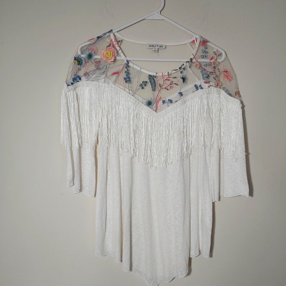 Tassels N Lace 3/4 Bell Sleeves Embroidered Mesh Panel Fringed Blouse Sz S White